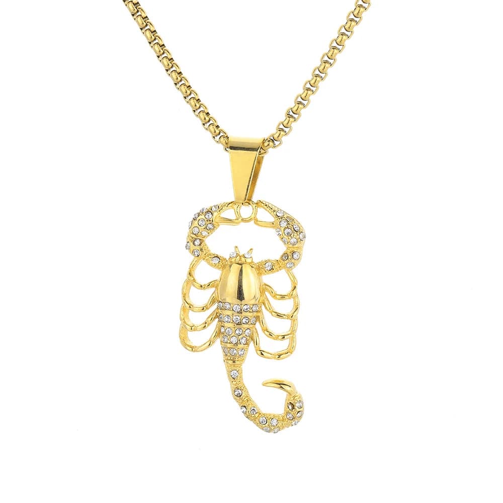Collier Pendentif Scorpion Punk Bling Iced Out en Acier Inoxydable Couleur Or pour Femme et Homme