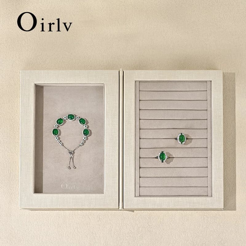 Oirlv multi-fonctionnel Beige clair boîte de rangement de bijoux vitrines Double couche Faux daim boîtes de bijoutier présentoir organisateur de bijoux