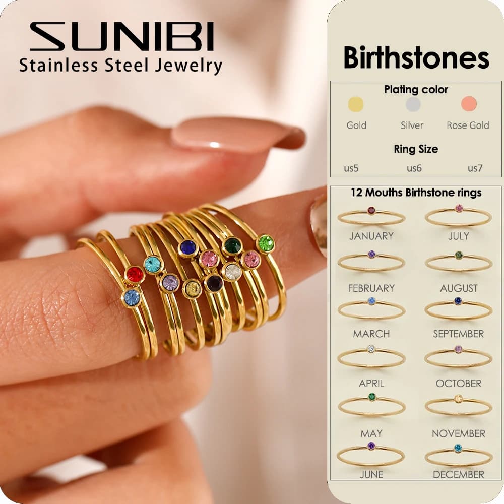 SUNIBI – bague en acier inoxydable avec pierre de naissance pour femme