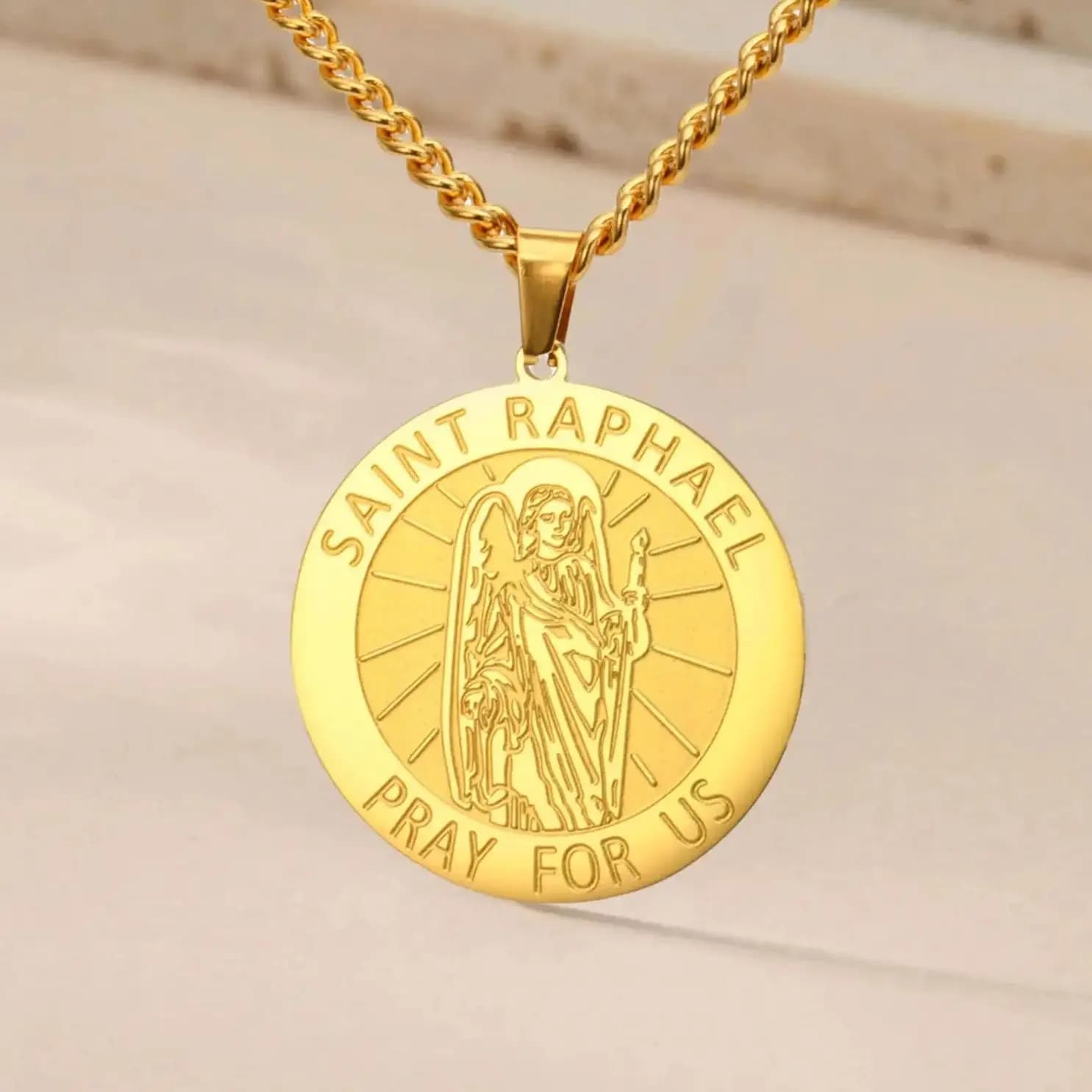 Jeshayuan archange Saint Raphael médaille prière latine pendentif à breloque Saint cycliste collier religieux Madonna bijoux chrétiens