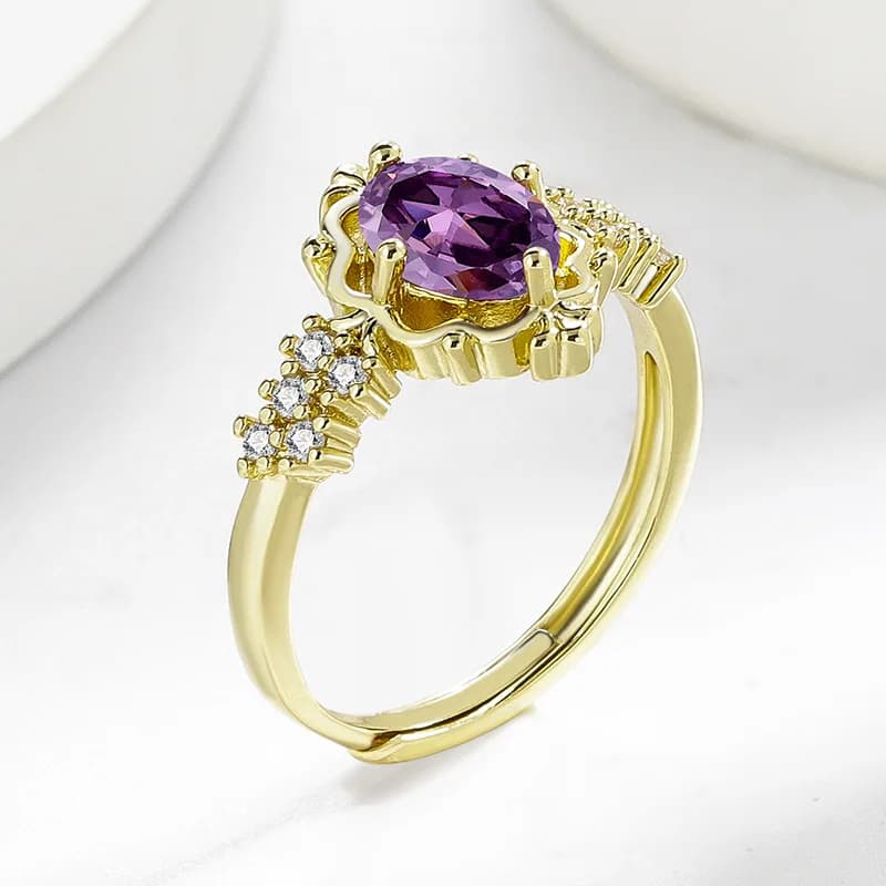 Bague vintage plaquée or avec améthyste et zircon cubique pour femme, bande ajustable en pierre violette ovale, bijou élégant de style rétro, cadeau pour elle