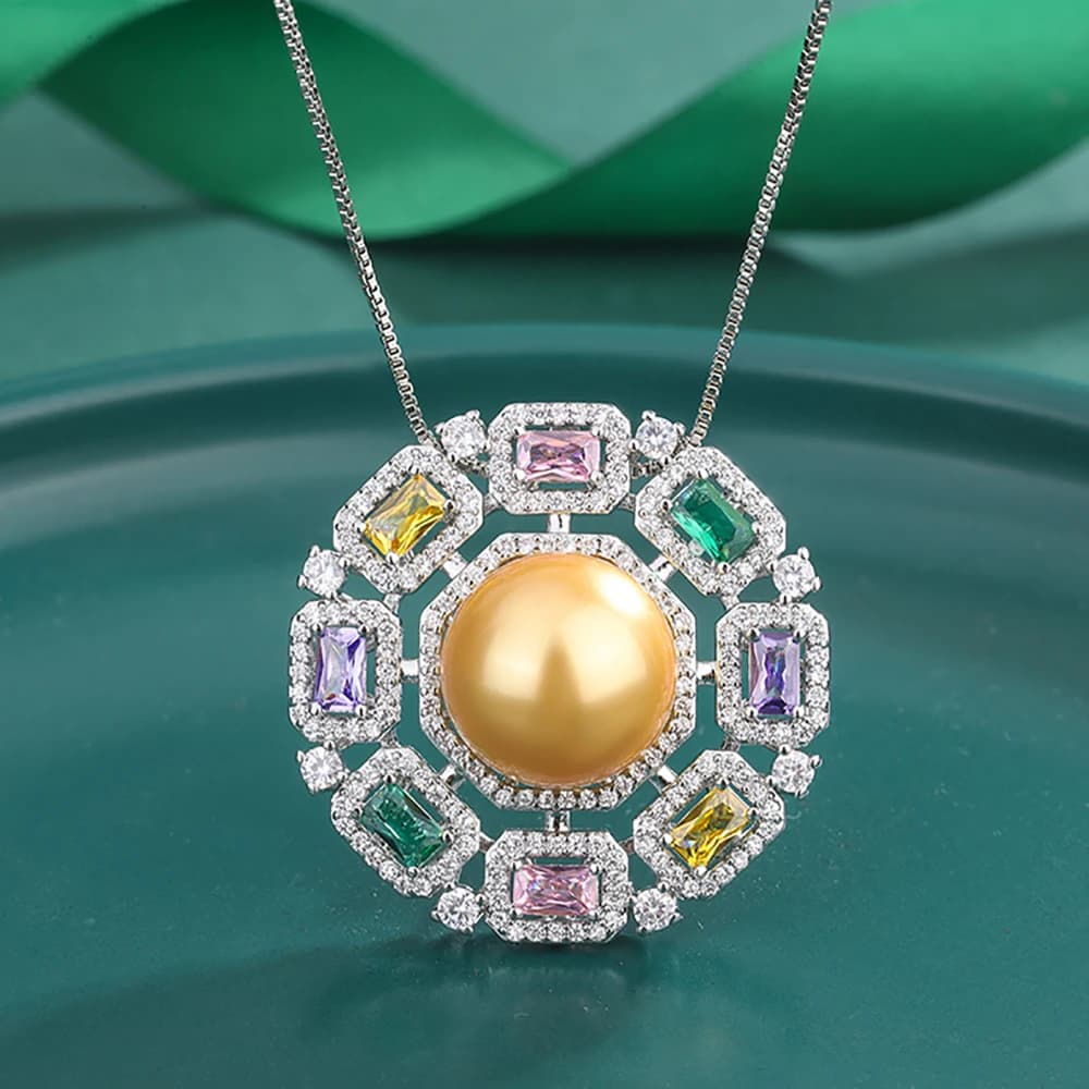 Collier pendentif en or blanc pour femme, grande perle, pierre précieuse, diamants à haute teneur en carbone, bijoux fins de fête, cadeaux des travailleurs, luxe, 14mm
