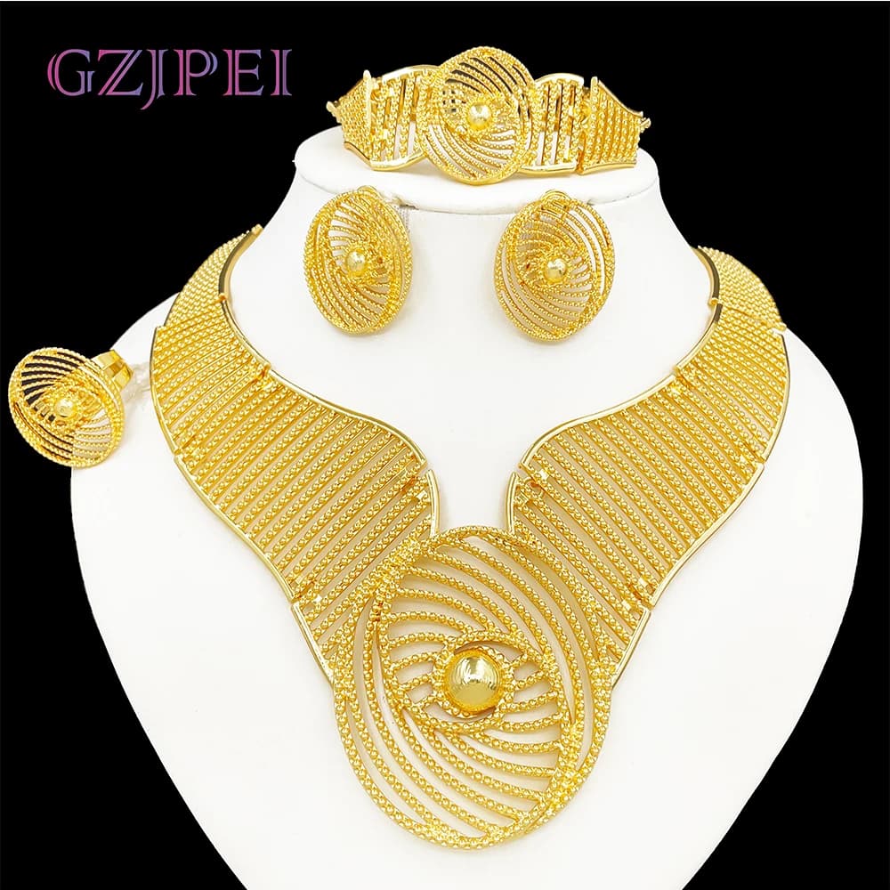 Grand ensemble de bijoux couleur or africain, Design ajouré, collier, Bracelet, boucle d'oreille, bague pour femmes, cadeau de mariage