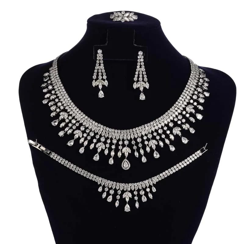 HADIYANA-Ensemble de Bijoux de Mariage Luxueux pour Patients, Bracelet, Boucles d'Oreilles, Collier et Bague, Accessoires de Robe, BN8963