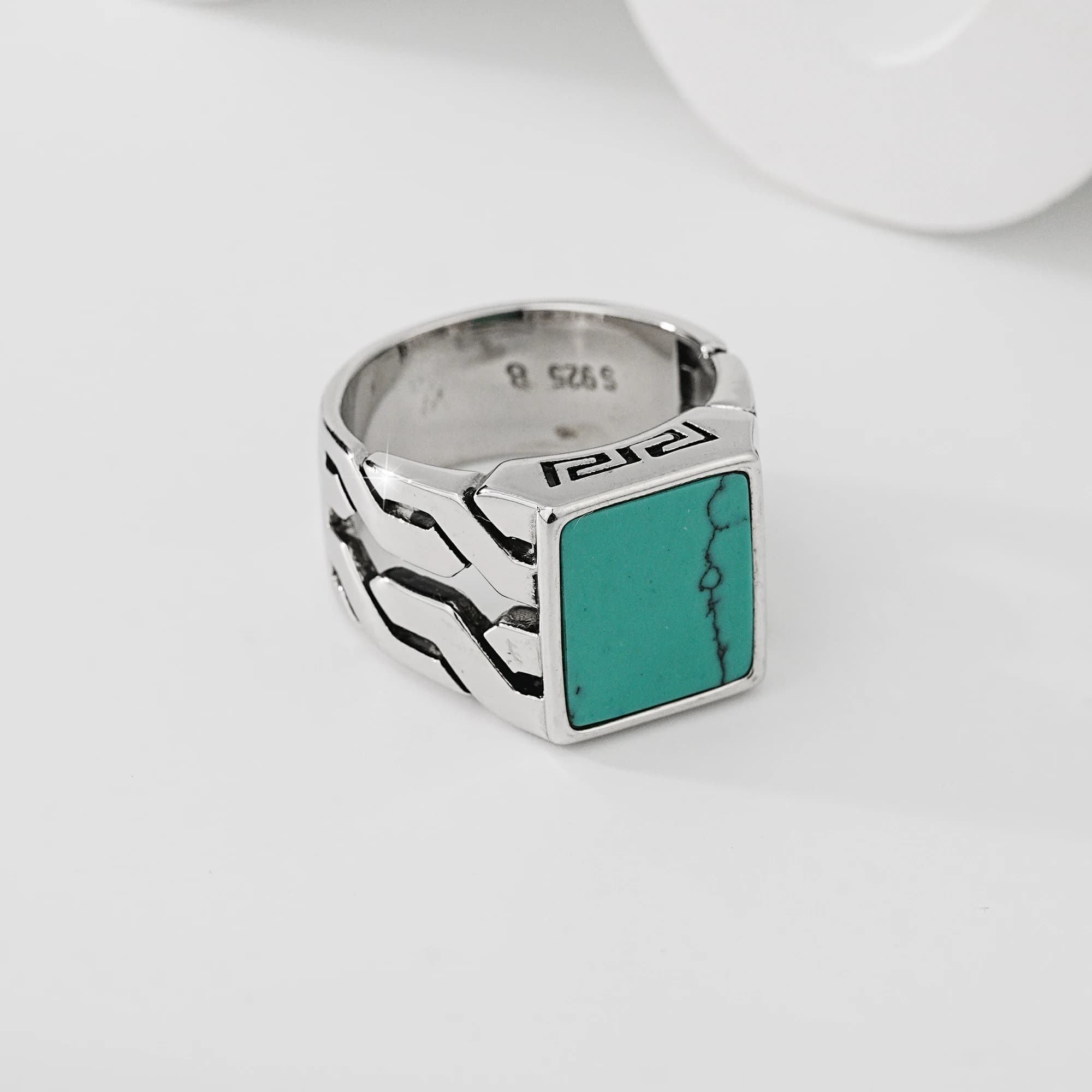 Bague signet turquoise pour homme en argent sterling 925, motif géométrique vintage, style punk, bijou statement, cadeau