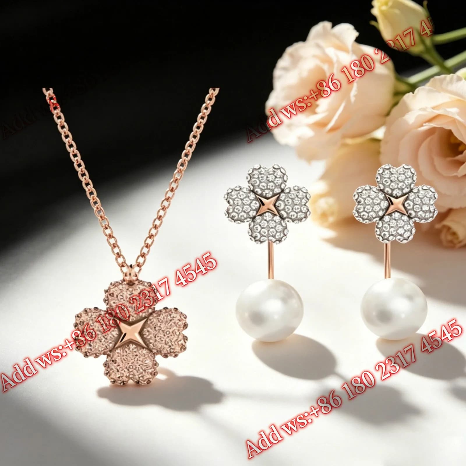 Ensemble de bijoux en zircone cubique à motif de trèfle, collier et boucles d'oreilles, élégant et raffiné, pour les fêtes et le quotidien
