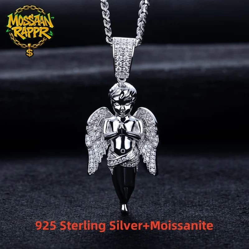Moissanite glacé ange béni pendentif Bling Hip Hop collier 925 en argent Sterling hommes mode Punk Rock bijoux