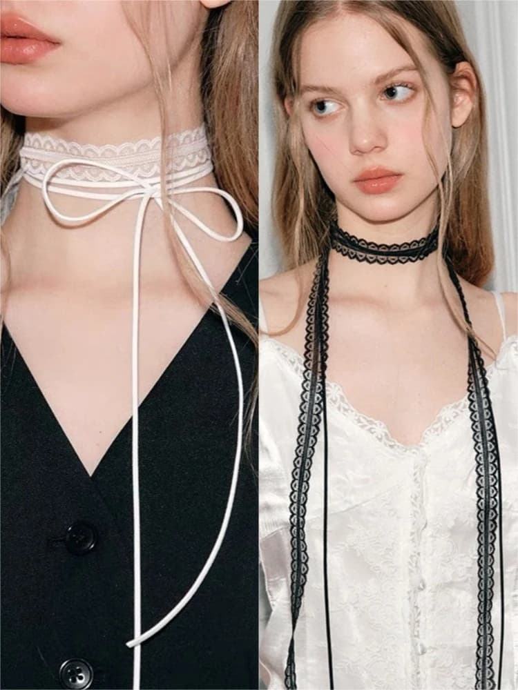 2 pièces rétro dentelle ruban arc tour de cou femmes mode Simple Double couche Long gland collier polyvalent cou ornement accessoires