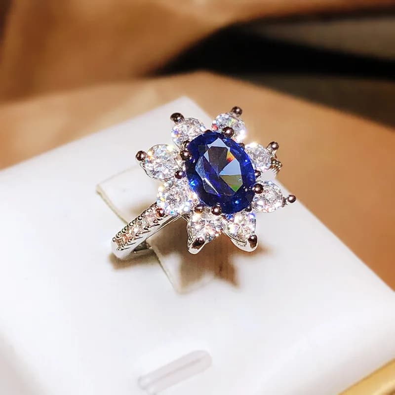 Bague d'anniversaire de mariage en zircone cubique bleue, coupe ovale, bijoux de luxe, cadeau d'anniversaire, bague élégante en argent Sterling 925 pour femmes