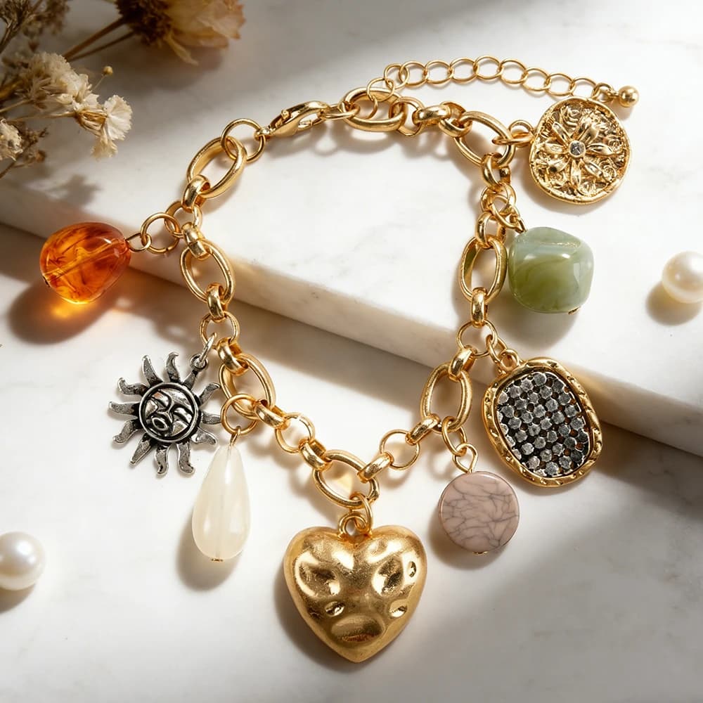 Bracelet Bohème Doré pour Femme - Pendentif Cœur Soleil Vintage avec Perles en Pierre Naturelle