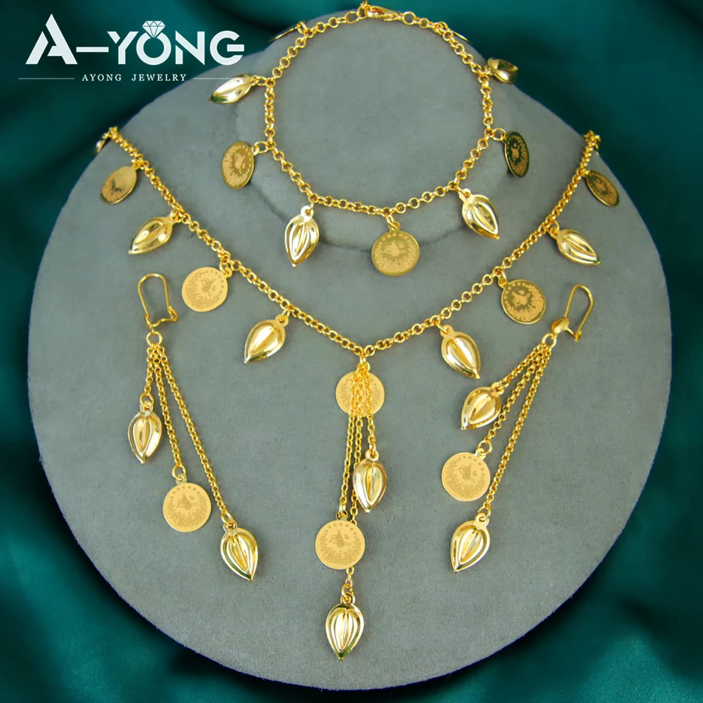 Ensemble de bijoux de mariage de mariée de dubaï, plaqué or 21 carats, pièces turques, pendentif, collier marocain pour femmes, bijoux de fête Vintage