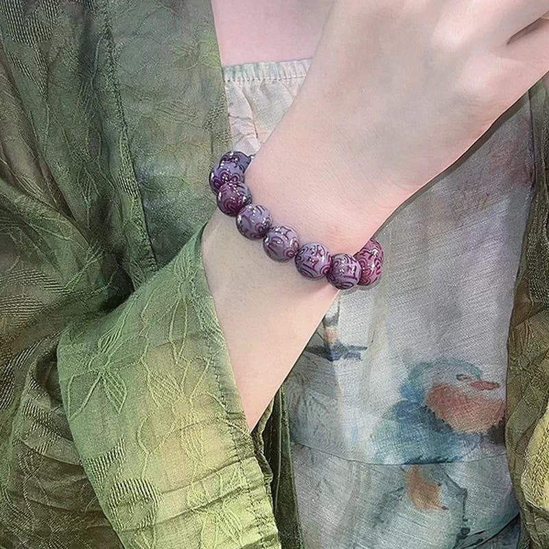 Bracelet de perles en racine de Bodhi violette naturelle, perles de chapelet sculptées, bijoux porte-bonheur