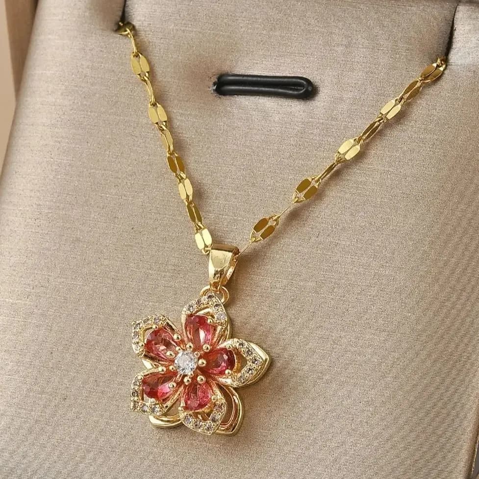 Collier pendentif fleur en Zircon brillant pour femmes, exquis, fleurs rotatives de luxe, chaîne en acier inoxydable, bijoux de fête
