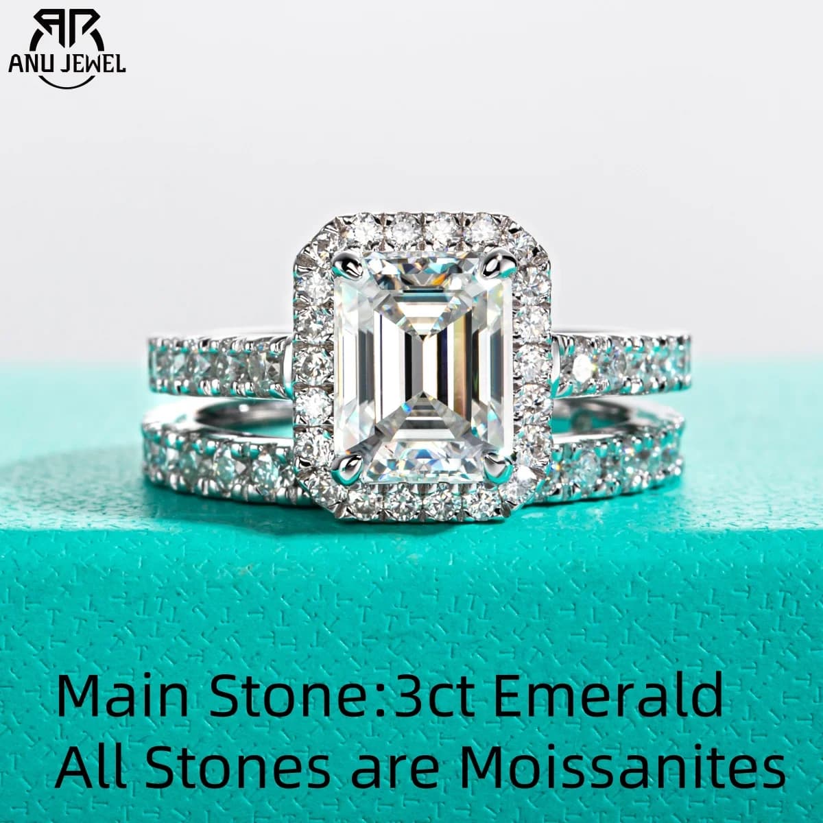 3ct émeraude coupe D couleur Moissanite Halo bague de mariée ensemble Vintage alliance bagues en argent avec Cer bijoux
