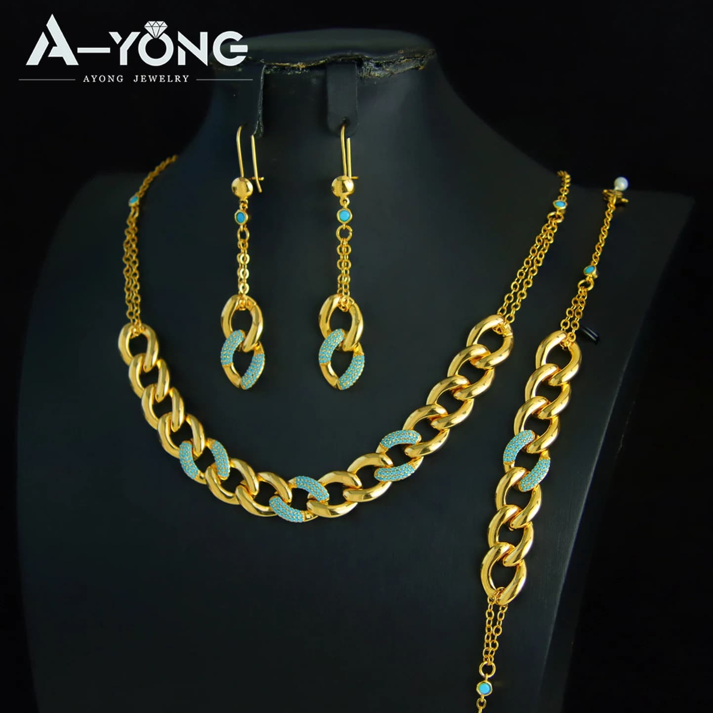 Ensemble de bijoux couleur or italien plaqué or 21 carats, zircone bleue, collier de mariage de dubaï, Bracelet, boucles d'oreilles, bijoux brésiliens pour femmes