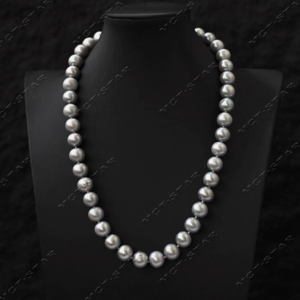 Z14327 A+ Collier de perles d'eau douce rondes grises de 19 pouces et 10 mm