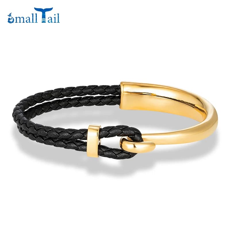 Bracelet en cuir tressé noir tendance, ne se décolore pas, crochet en acier inoxydable poli, manchette classique, Bracelet à breloques pour hommes, cadeaux masculins