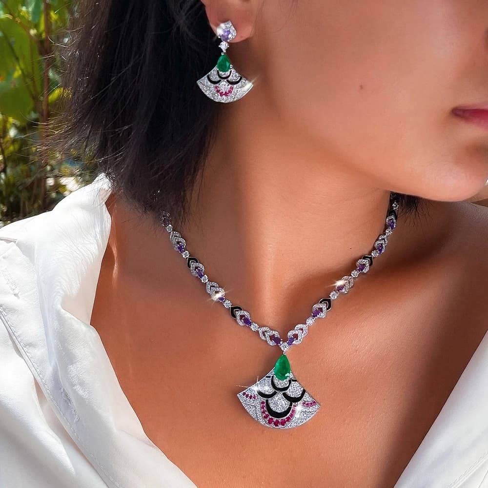 Pera – collier et boucles d'oreilles en zircone brillante, multicolore, forme sectorielle, pour femmes, accessoire de fête, bijoux festifs, Gife J080