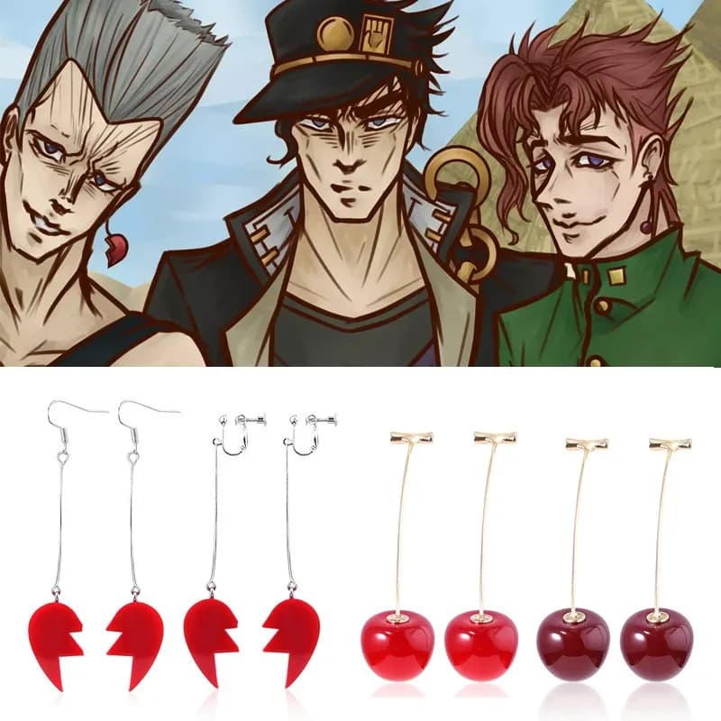 Anime JoJo Bizarre aventure Cosplay boucles d'oreilles Pierre Polnareff épissure coeur Kakyoin Noriaki cerise pince boucles d'oreilles bijoux cadeaux