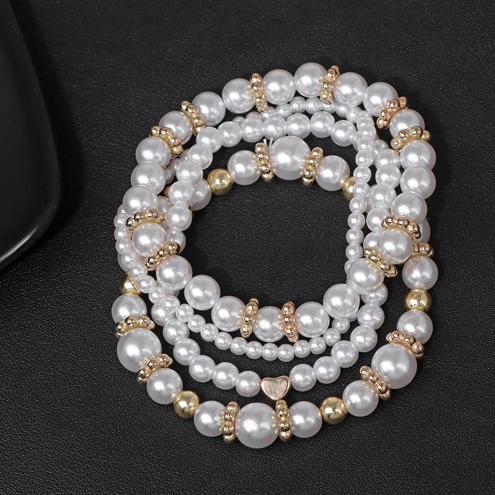 Ensemble de bracelets de perles blanches multicouches pour femmes, perles de documents dorés, bracelet de perles de carillon, bijoux de luxe, 4 pièces par ensemble