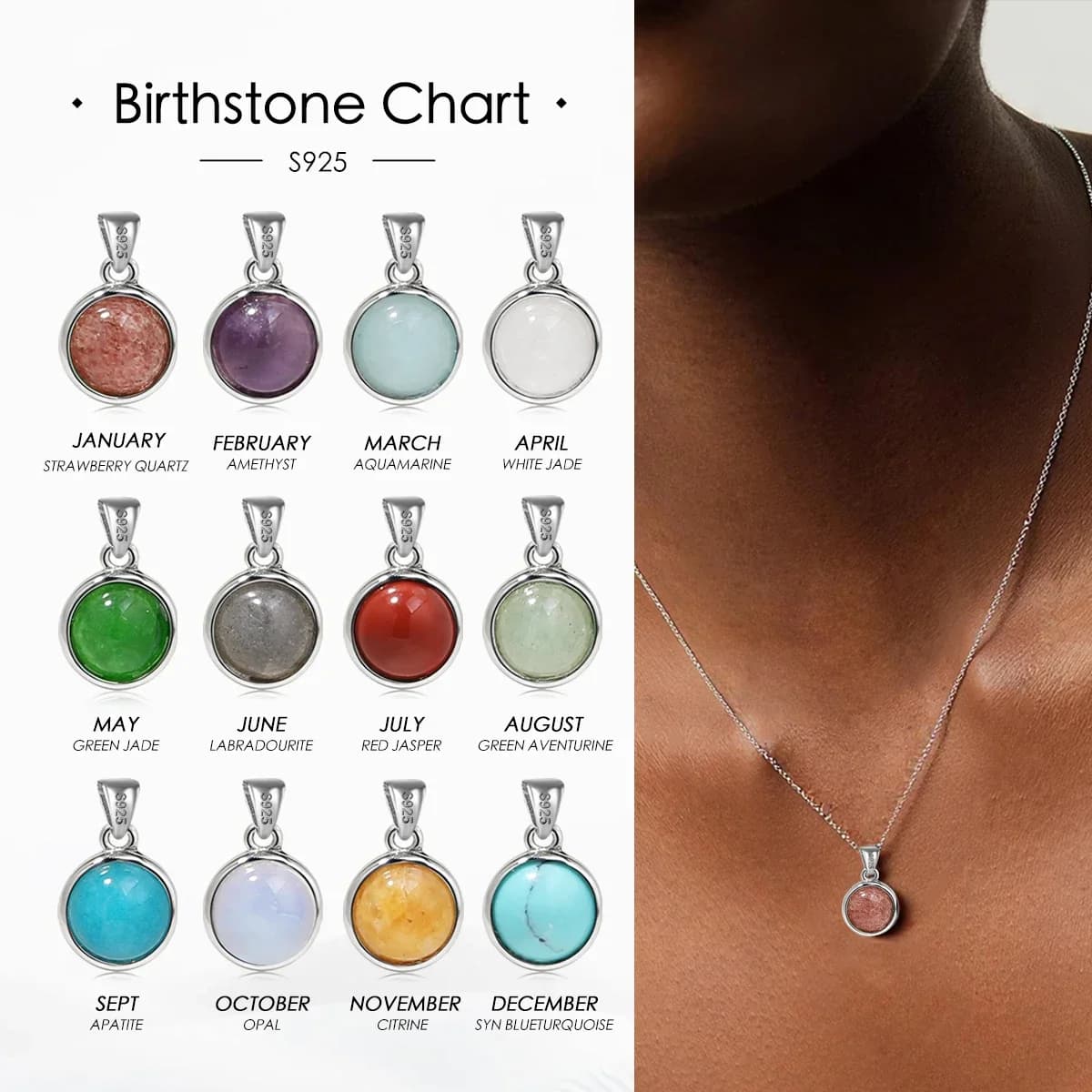Collier avec pendentif en pierre naturelle en argent pur 925, pierre de naissance, accessoires simples et élégants, collier pour femmes, cadeau de saison de remise de diplôme