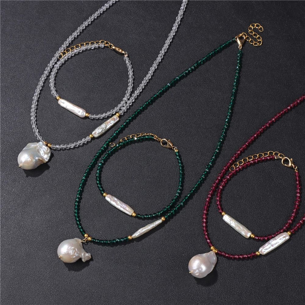 Ensemble de bijoux en perles baroques pour femmes, collier, bracelet en cristal naturel, tour de cou, bijoux de carillon, mariage pour filles, mode