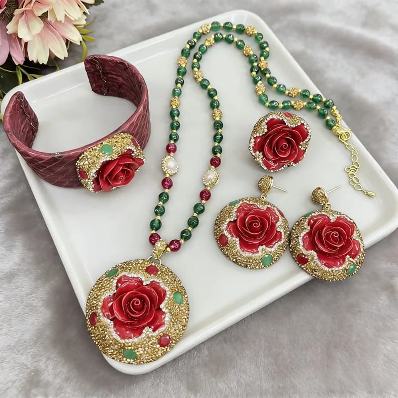 Parure de bijoux de luxe en perles d'eau douce et cristal de cinabre, motif peau de serpent et fleur de pivoine 3D, collier et bracelet porte-bonheur