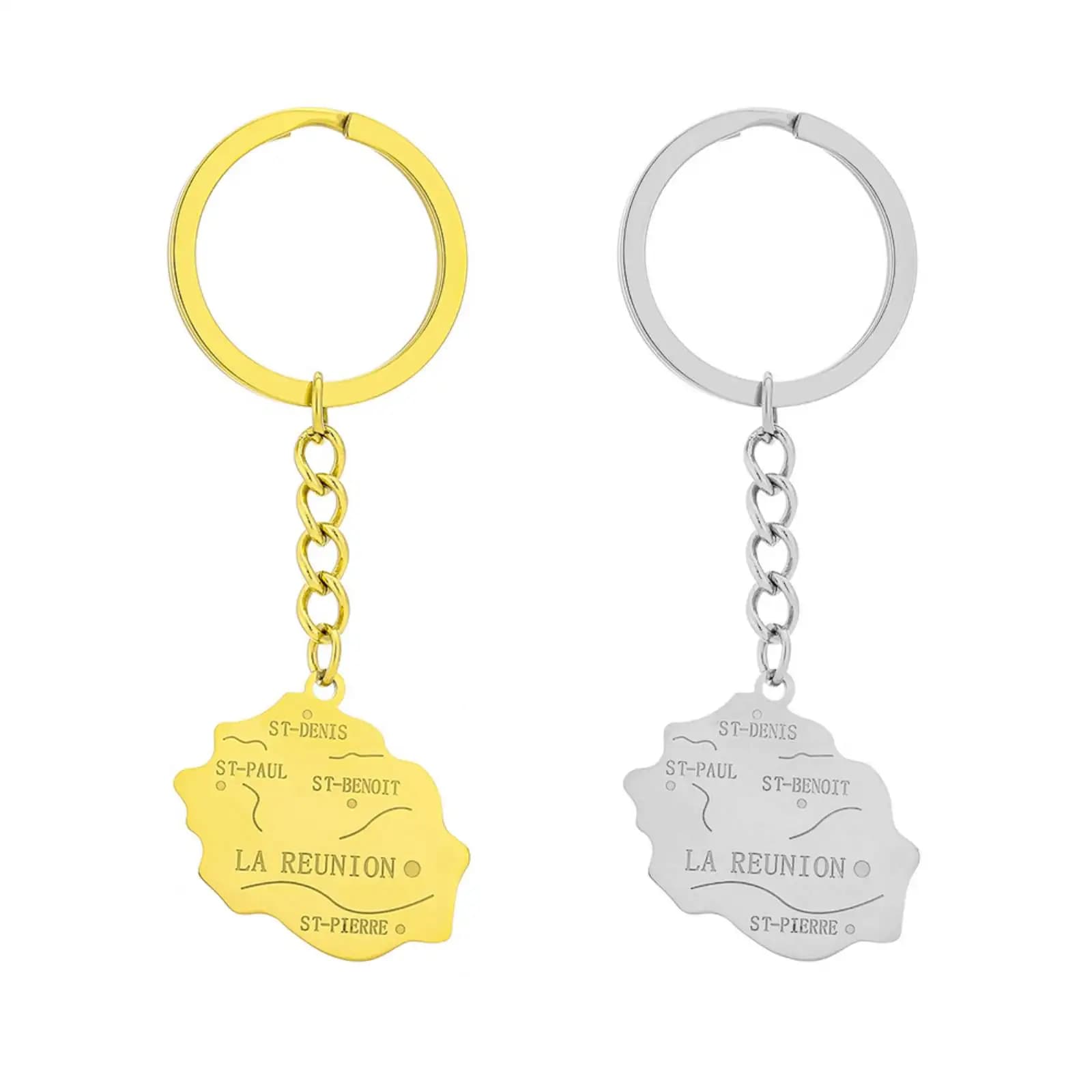 Porte-clés carte de l'île de la réunion française pour femmes et hommes, bijoux en acier inoxydable, accessoires, cadeau