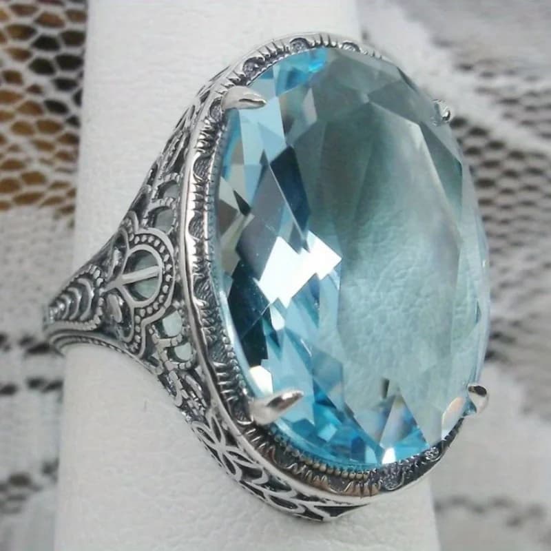 Bague ovale en aquamarine pour femmes, style bohème, motif sculpté fait à la main, bijoux élégants, Vintage, élégant, avec incrustation
