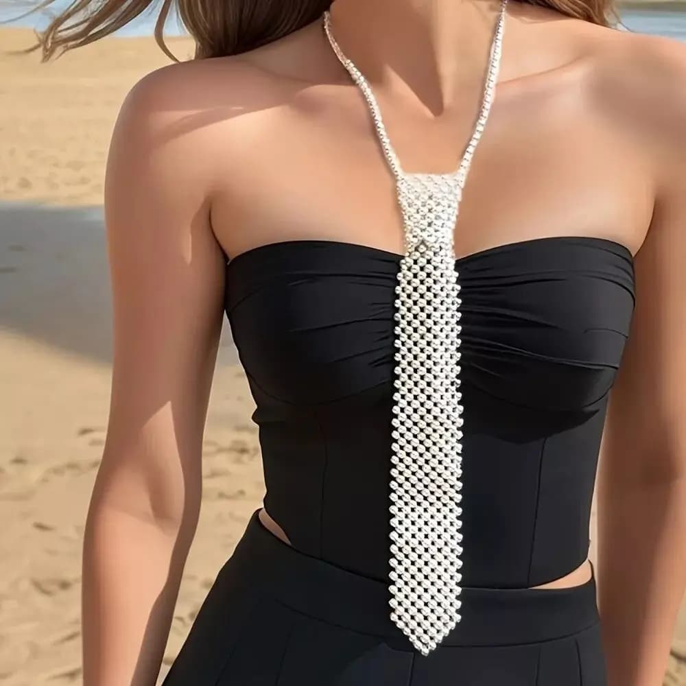 Cravate élégante pour femme, collier perlé tissé, accessoire de mode rétro pour le cou