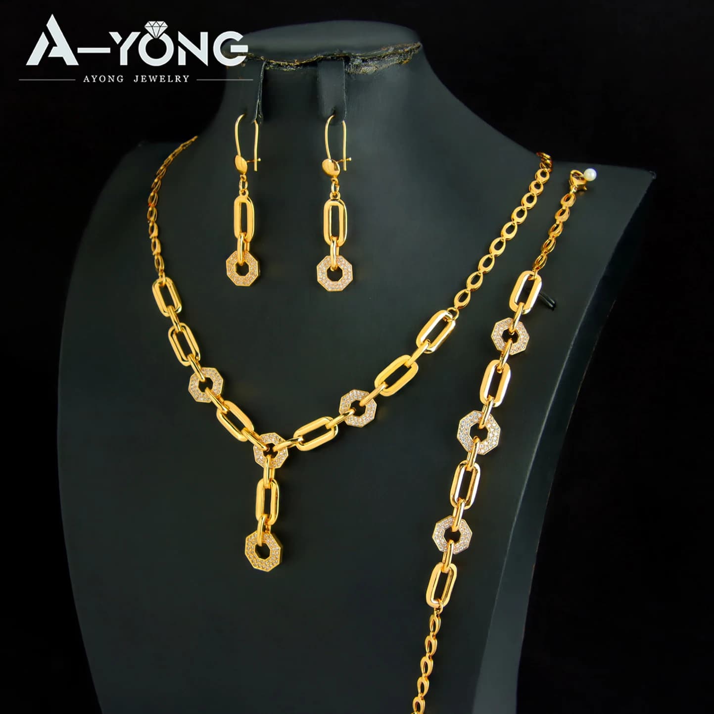 Ensemble de bijoux à la mode de dubaï, plaqué or 21 carats, collier en zircone italienne, Bracelet, boucles d'oreilles, bijoux de fête quotidiens Vintage pour femmes arabes