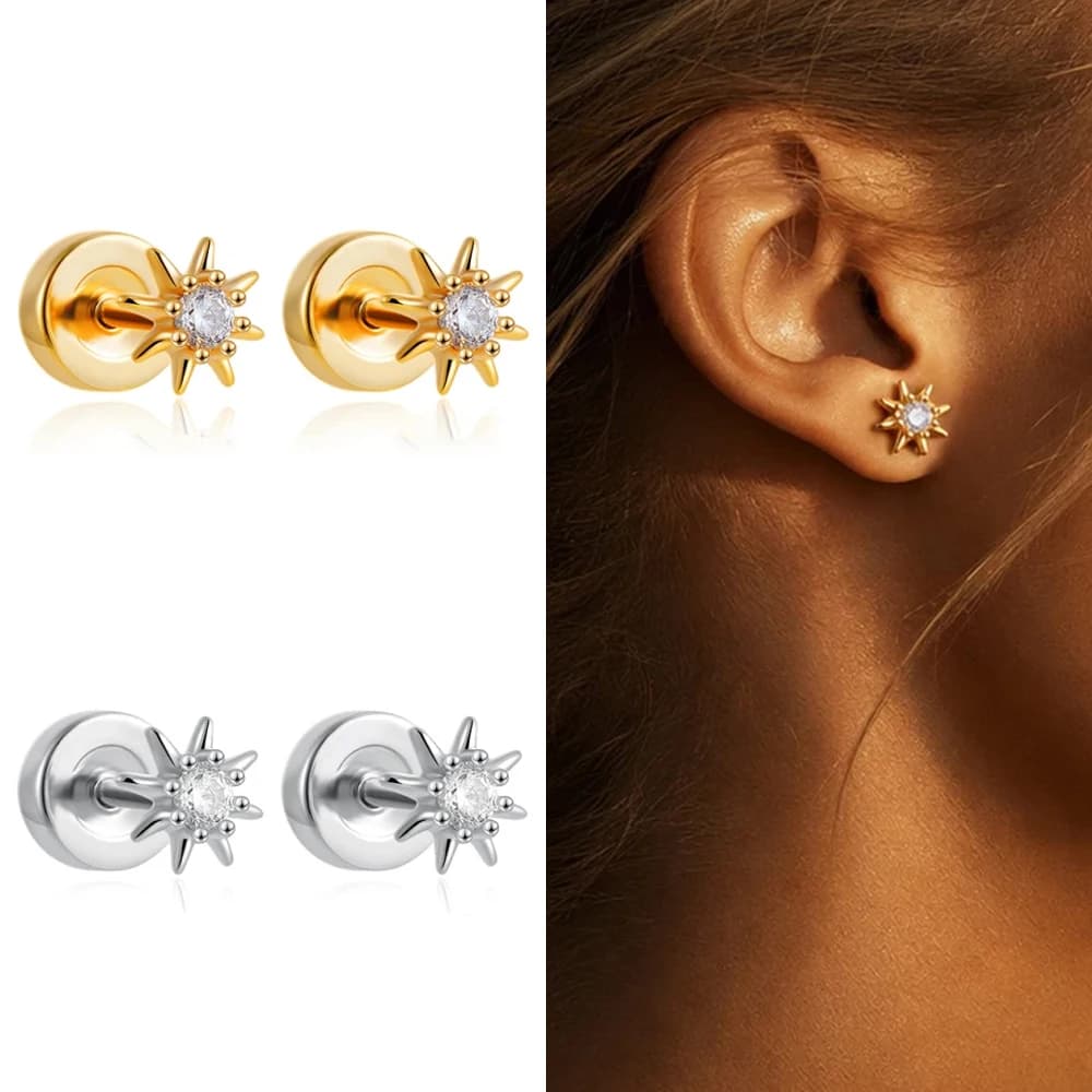Boucles d'oreilles plaquées or 14K à dos plat, clous d'oreille hélix pour femme, zircon cubique brillant, bijoux tendance, vente en gros