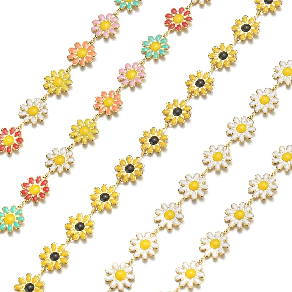 Chaînes en acier inoxydable couleur or émaillé motif tournesol, 1m/lot, pour la fabrication de colliers, bijoux, bracelets et chaînes de cheville - Vente en gros