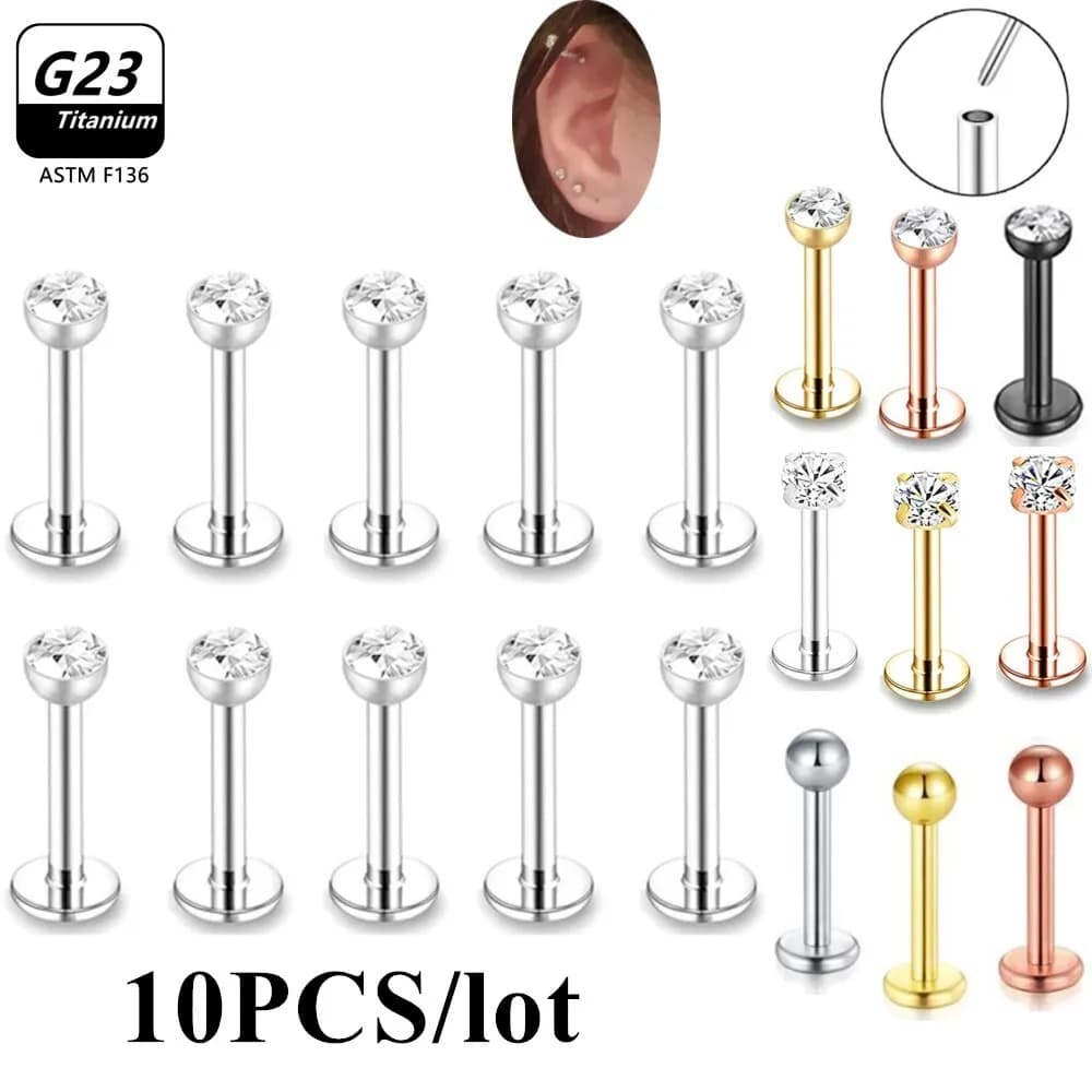 Piercings en Titane pour Oreilles et Helix, Labret, Clous CZ, Bijoux pour le Corps, Anneau de Jules, Boucle d'Oreille Tragus en Clip, Cartilage, 10 Pièces/Lot
