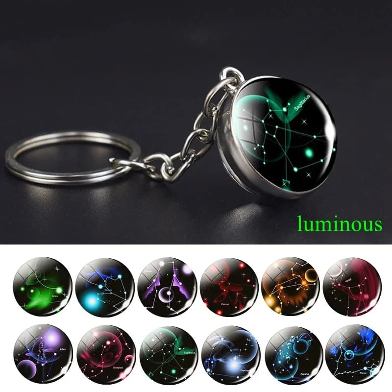 Nouveau 12 signes du zodiaque ciel étoilé veilleuse porte-clés 12 zodiaque pendentif porte-clés mode cadeau d'anniversaire pour garçons et filles