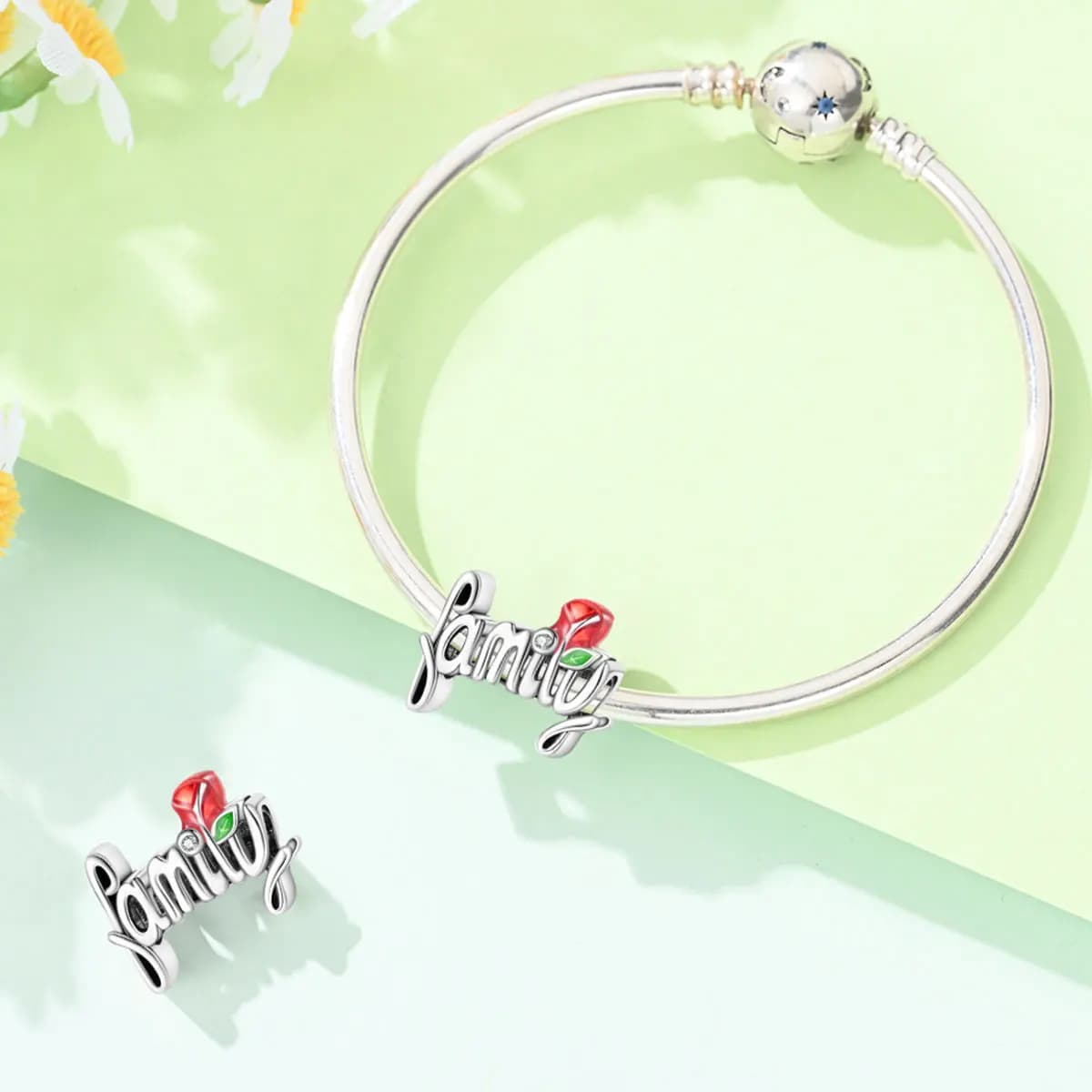 Breloque Fleur Famille en Argent Sterling 925 pour Bracelets et Colliers Originaux de 3 mm