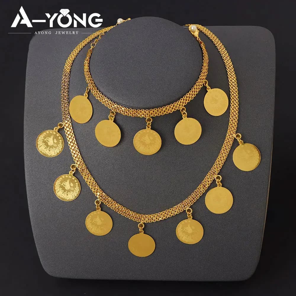 Bijoux de mariage de mariée arabe plaqué or 21 carats, ensemble de pièces de monnaie turques, collier et Bracelet, bijoux de fête Vintage pour femmes du Nigeria