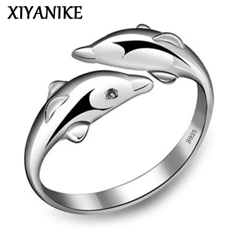 XIYANIKE couleur argent bijoux ouvert heureux Double dauphin amour anneaux pour fête femmes cadeau réglable Bague Anillos Bague VRS2196