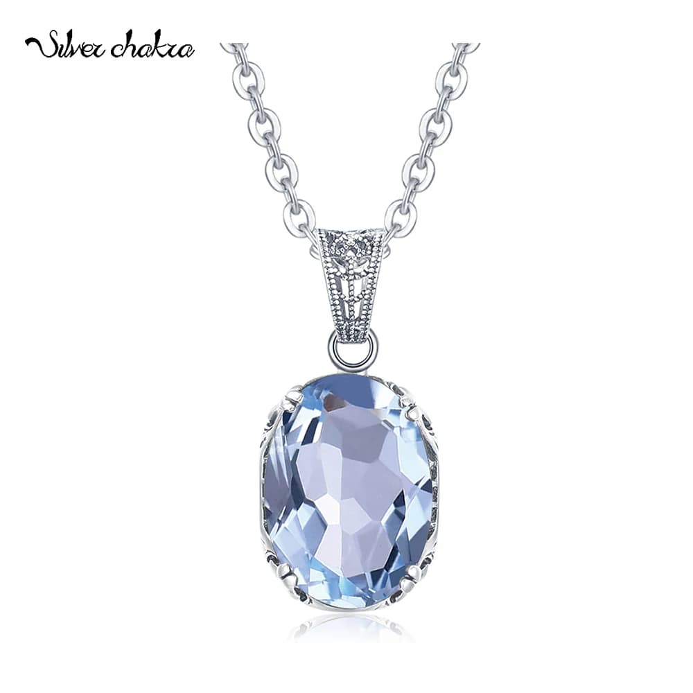 Collier unique en argent sterling 925, pendentif en pierres précieuses aigue-marine avec chaîne pour femmes, filigrane de cygne floral vintage