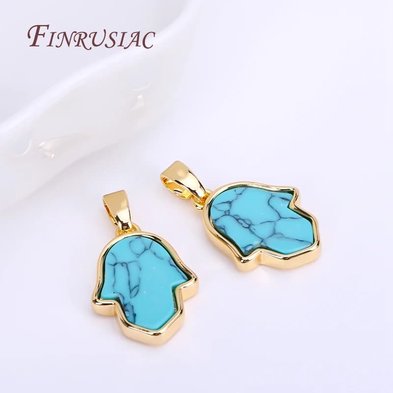 Pendentifs Hamsa en or véritable plaqué or 18K, accessoires de fabrication de bijoux, porte-bonheur bleu