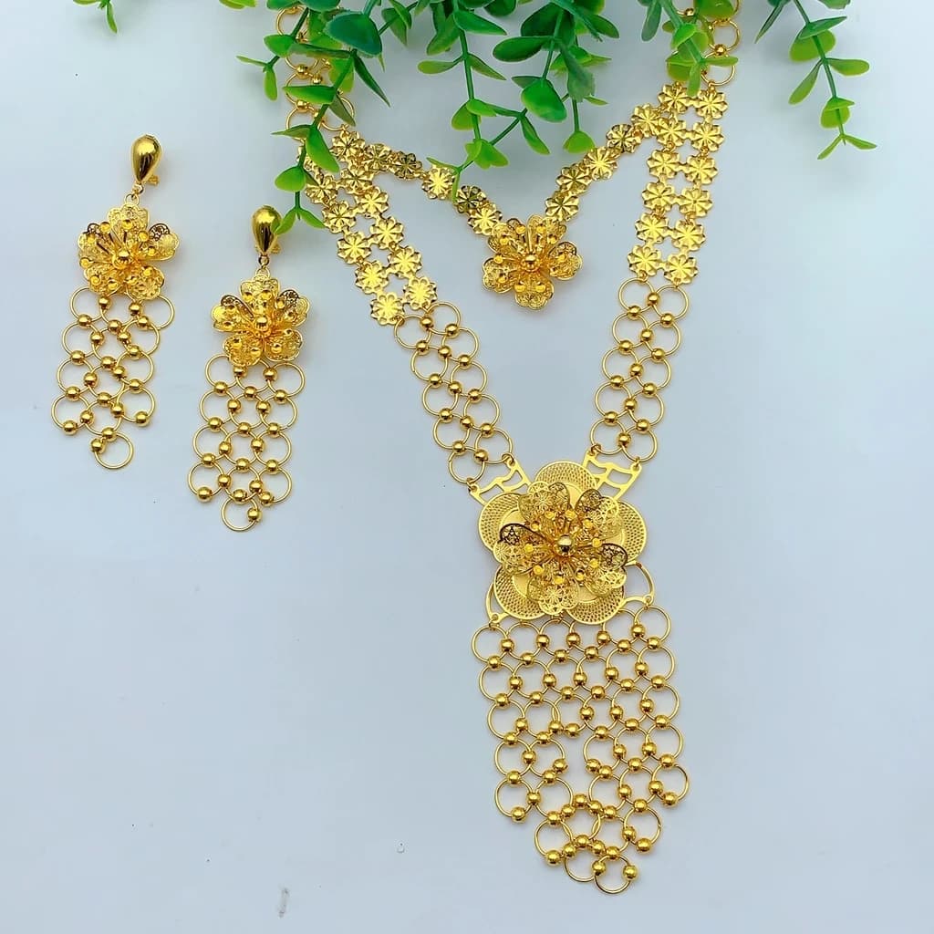 Parure de bijoux de luxe italienne avec collier long à fleurs et boucles d'oreilles pour femme, couleur or, style indien et de Dubaï, pour mariée, cadeaux de fête
