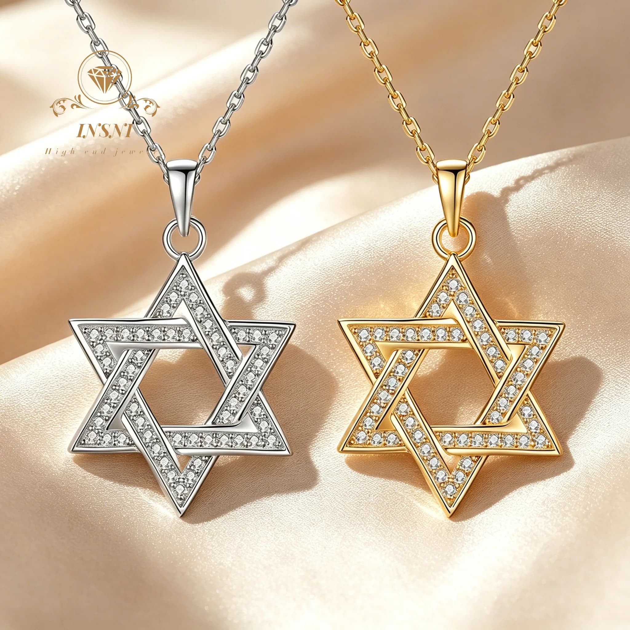 Collier pendentif hexagramme en argent sterling S925 entièrement serti de diamants