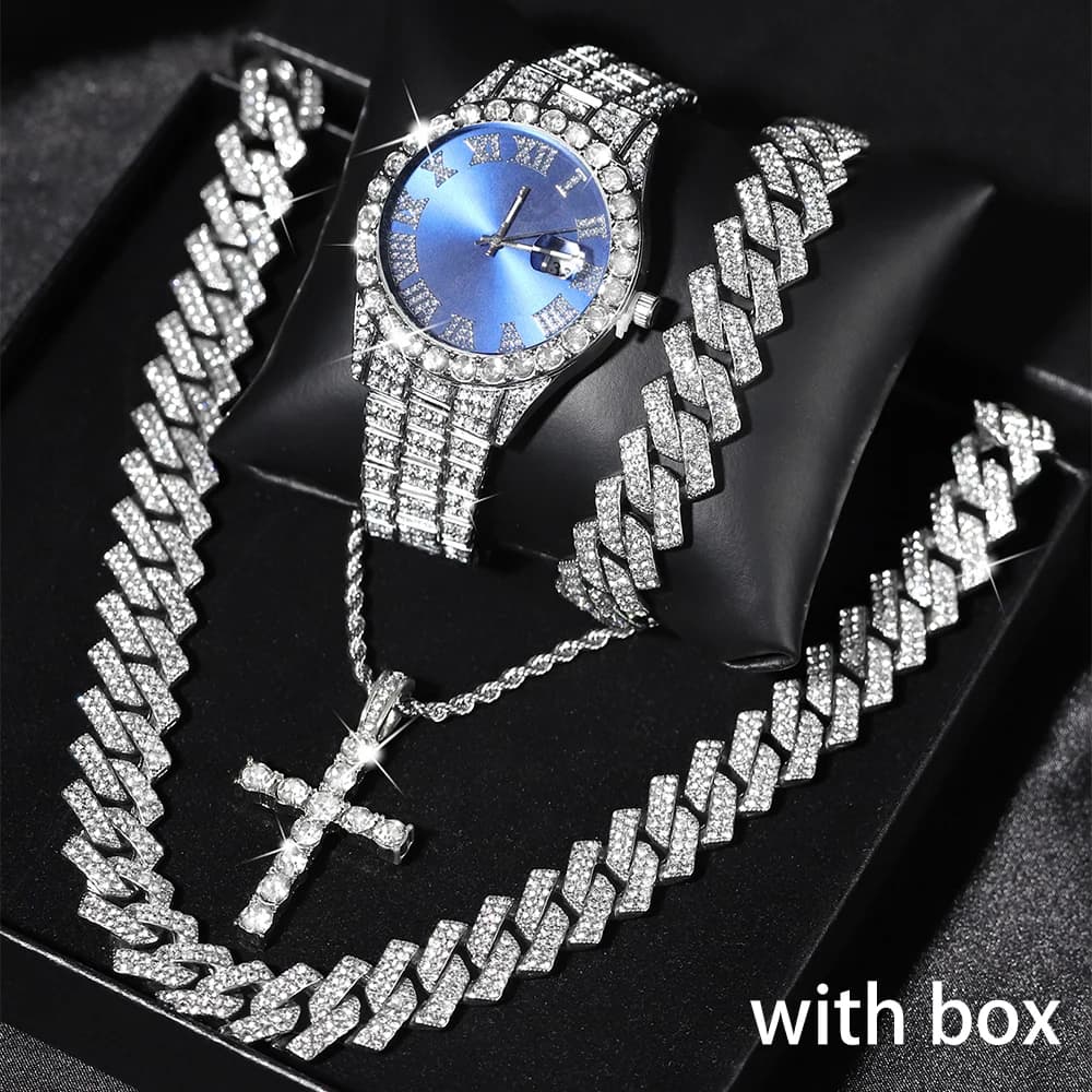 Hip Hop montre pour hommes bijoux coffret cadeau paillettes argent montre à Quartz avec pendentif croix collier rue Punk accessoire de fête de luxe