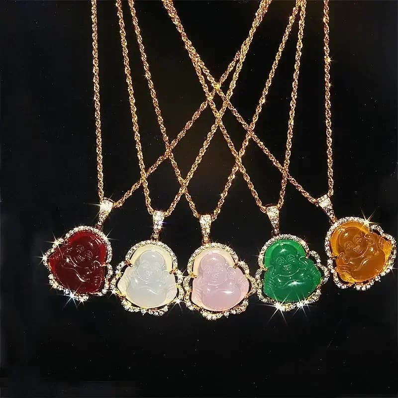 Collier avec pendentif bouddha Maitreya incrusté de Base en cristal de Zircon brillant, amulette porte-bonheur pour dames, bijoux de Fortune