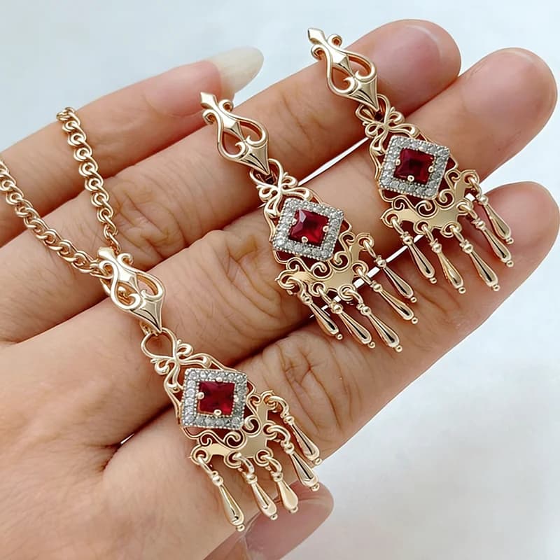Kinel – ensemble de bijoux en Zircon naturel vert brillant pour femmes, bague, boucles d'oreilles, collier, couleur or Rose 585, 3 pièces, bijoux Vintage