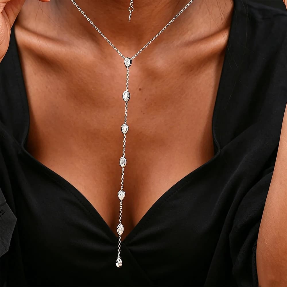 Collier Y-Style en Moissanite Entièrement Sertie pour Femme, Certifié Diamant de Laboratoire, Coupe Ovale/Marquise/Poire, en Argent S925, Longue Chaîne, Bijou