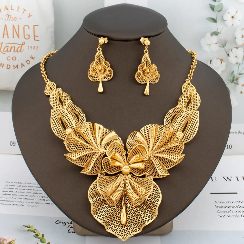 Ensemble de bijoux de luxe plaqué or pour femme, collier et boucles d'oreilles, grand pendentif bourgeon, mode italienne, Nigéria, Dubaï, cadeau de fête