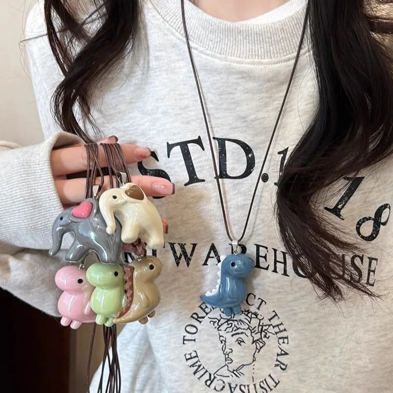 Collier avec pendentif en forme d'éléphant et de dinosaure pour femmes et hommes, chaîne à longue corde, Vintage, accessoires de bijoux Y2K