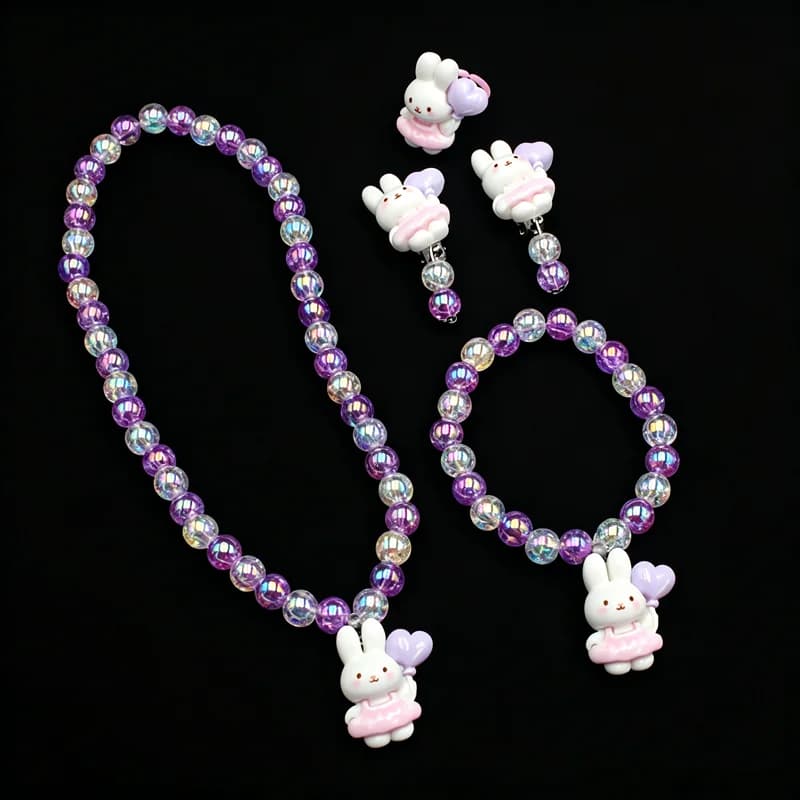 Ensemble de bijoux pour enfants en forme de lapin vert scintillant - Collier, bracelet, boucles d'oreilles et bague en résine perlée, kit de déguisement de princesse pour petites filles, 4 pièces