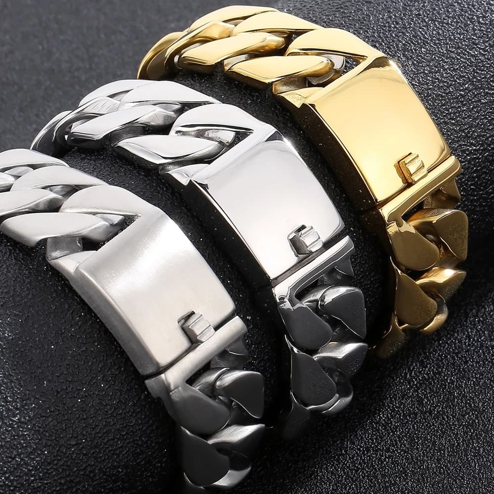 Nouveau Bracelet Chaîne Cubaine 20MM pour Homme en Acier Inoxydable Poli Brossé Couleur Or Étanche